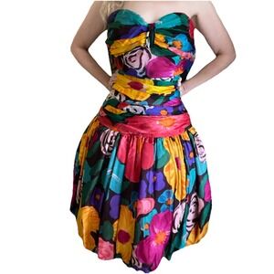Vintage Silk Floral 80's Bubble Skirt Dress